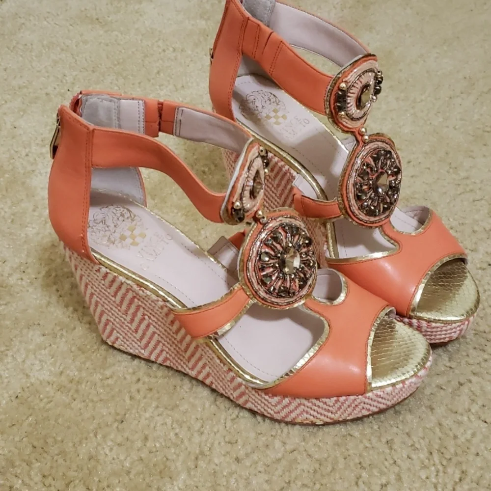 Vince Camuto Coral and Gold Wedge Sandals